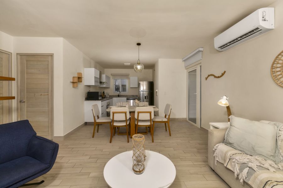 Wide view of living space and kitchen in Villa C13-PBB