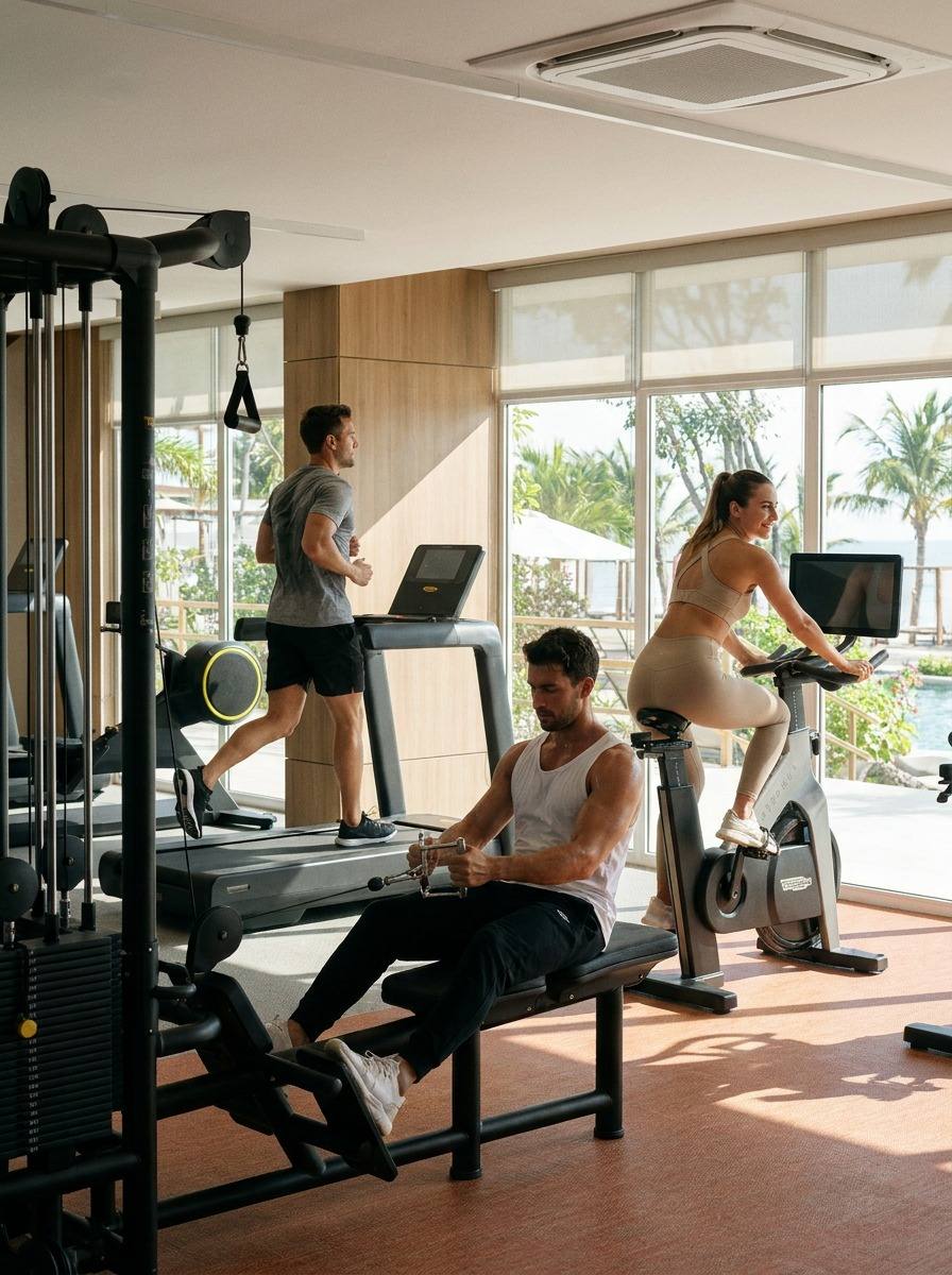 Modern gym with floor-to-ceiling windows at Playa Caracol