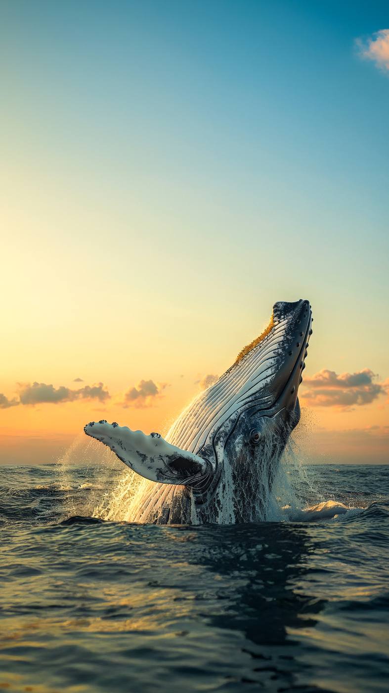 Humpback whale breaching at golden hour off Playa Caracol
